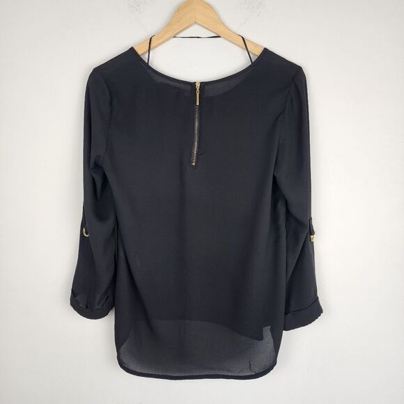 Apology London Black Top Blouse Back Gold Zip High-low Roll-tab Sleeve Size S - Picture 4 of 14